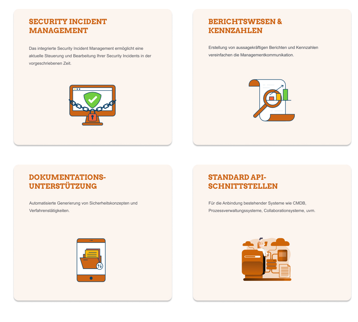 Security Incident Management; Berichtswesen & Kennzahlen; Dokumentationsunterstützung; Standard API-Schnittstellen